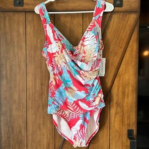 Watermellon colored tropical one piece tummy control suit